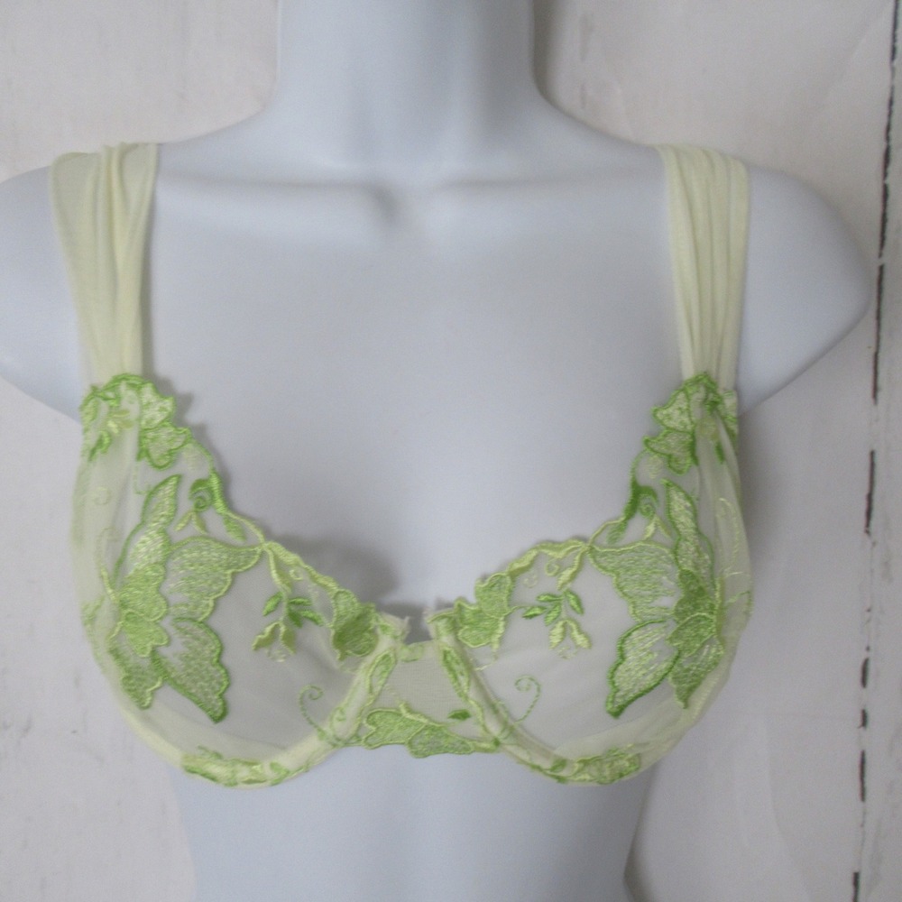 Vintage Victorias Secret Bra 34D Green Lace Embroidered Push Up Underwire